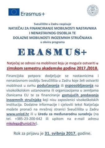 Erasmus+ Natječaj za financiranje mobilnosti nastavnika i nenastavnog osoblja